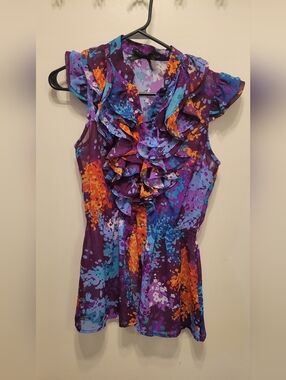 Purple Floral Ruffle Sleeveless Blouse